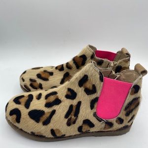 Mini Boden 34 short calf hair booties Cheetah Print Neon Pink Stretch Tab EUC ￼4